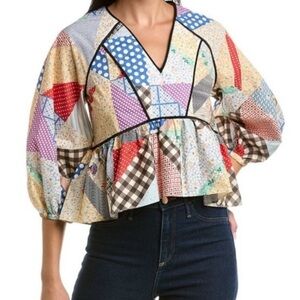 Hunter Bell Grayson Colorful quilt Patchwork peplum Blouse rare Medium NWT